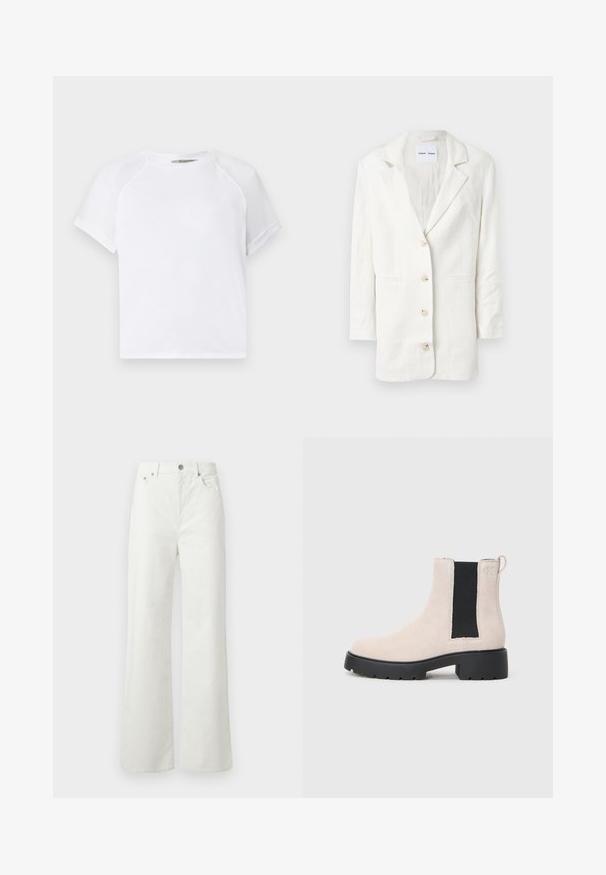Blazer bianco realizzato in tessuto leggero, con design a un petto, rever a punte e tre bottoni frontali con asole abbinate.; T-shirt bianco in cotone con collo girocollo, maniche raglan corte e vestibilità rilassata. Tessuto liscio senza motivi o dettagli visibili.; Samsøe Samsøe SHELLY - Jeans baggy - clear cream; Stivale Chelsea in suede beige con pannello laterale elastico nero, suola nera spessa e linguetta alla caviglia.