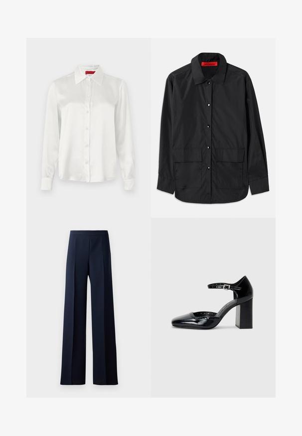 Sort skjorte med knapper, lavet af letvægtsstof, med klassisk krave, to forlommer og et rødt indvendigt mærke.; Hvid satin skjorte med lange ærmer, krave, knaplukning foran og lige manchetter. Glat tekstur og minimalistisk design.; Vide benbukser i mørkeblå stof med en glat tekstur, subtile frontfolder og en tætsiddende talje for en strømlinet silhuet.; Sorte patenterede læder højhælede sko med firkantet tå, ankelrem og en kraftig hæl. Inkluderer perforerede detaljer langs kanten.