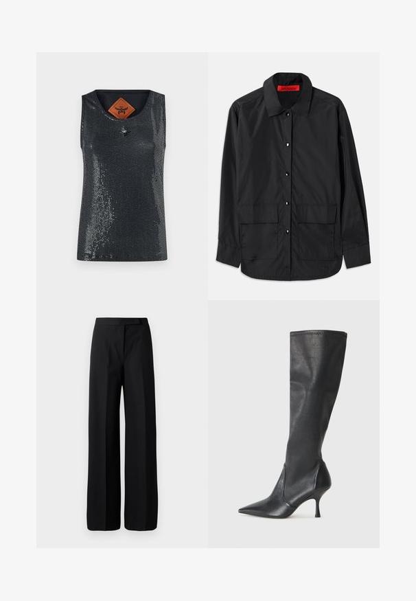 Melna krekla ar pogām, izgatavota no viegla auduma, ar klasisku apkakli, divām priekšējām kabatām un sarkanu iekšējo etiķeti.; MCM SEQUINS TANK - Tops - black; Platas kājas melnas bikses ar gludu, matētu tekstūru. Plats jostasvieta bez redzamām pacelšanām vai rakstiem. Vienkāršs un elegants dizains.; Ceļa auguma melni ādas zābaki ar smailu purngalu un šauru stiletto papēdi. Gluda tekstūra ar pieguļošu dizainu un izšuvumiem augšējā malā.