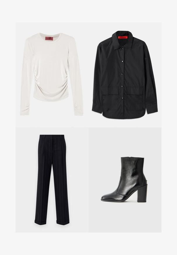 Melna krekla ar pogām, izgatavota no viegla auduma, ar klasisku apkakli, divām priekšējām kabatām un sarkanu iekšējo etiķeti.; Gari ilgi piedurkņu krēmkrāsas tops ar drapējumu sānos un piedurkņu galos, apaļš kakla izgriezums un sarkans uzraksts iekšpusē apkaklītē.; Melnas pinstrīpu bikses ar pielāgotu piegriezumu, ar apgāztu apakšmalu un priekšējām kroku detaļām. Izgatavotas no gludas auduma ar struktūrētu dizainu.; Melnas ādas potīšu zābaki ar gludu tekstūru, smailu purngalu un masīlu augstu papēdi. Iekļauts sānu atvērums un minimālistisks dizains.