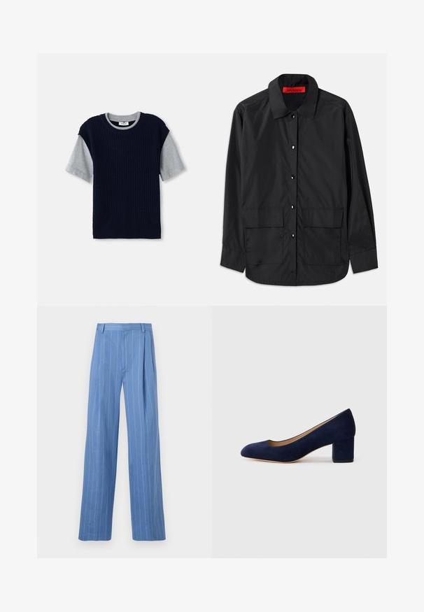 Črna srajca s dugimi rukavima od lagane tkanine, s klasičnom kragnom, dva prednja žepa in rdečim notranjim oznakom.; Mornarski pleten pulover z dolgimi rokavi v sivi barvi, okroglo izrezan ovratnik in rebrasto teksturo. Ima kontrastne barve v plastehnem dizajnu.; Svetlo modre široke hlače z vertikalnimi belimi črtami. Narejene iz gladkega materiala, z sprednjim pregibom in čistim dizajnom pasu.; Temno modri nubuk čevlji s koničastim nosom in srednje visokim blokom. Gladka tekstura z diskretnim sijajem in majhnim izrezom spredaj.