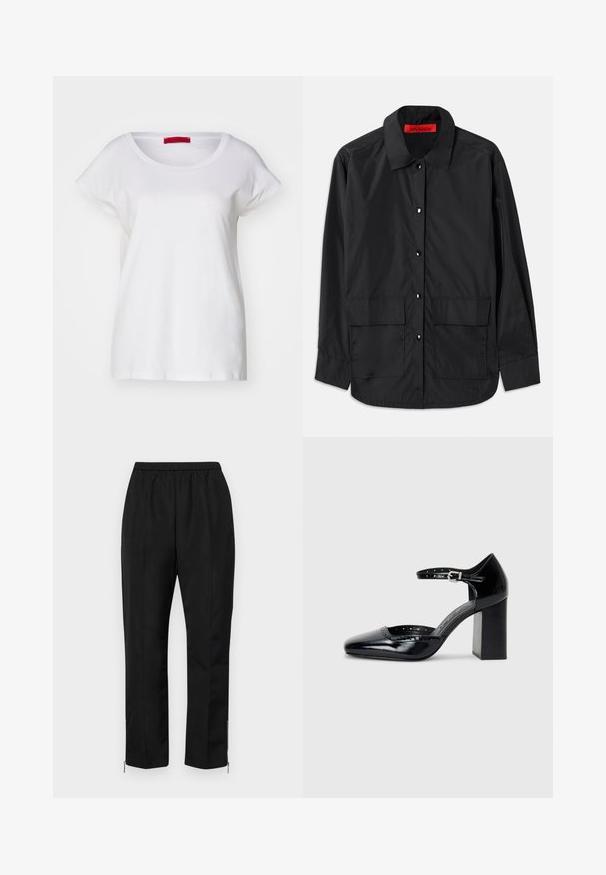 Juodas mygtukų marškiniai, pagaminti iš lengvos medžiagos, su klasikinio stiliaus apykakle, dviem priekinėmis kišenėmis ir raudona vidine etikete.; MAX&Co. MALDIVE - Paprasti marškinėliai - weiss; Juodos kelnės su elastingu juosmeniu, tiesiomis kojomis ir užtrauktukais ties kulkšnimi. Medžiaga turi glotnią tekstūrą ir minimalų dizainą.; Juodos lakuotos aukštakulnės bateliai su kvadratine nosimi, kulkšnies dirželiu ir masyviu kulnu. Apima perforuotus detalizavimus aplink kraštą.