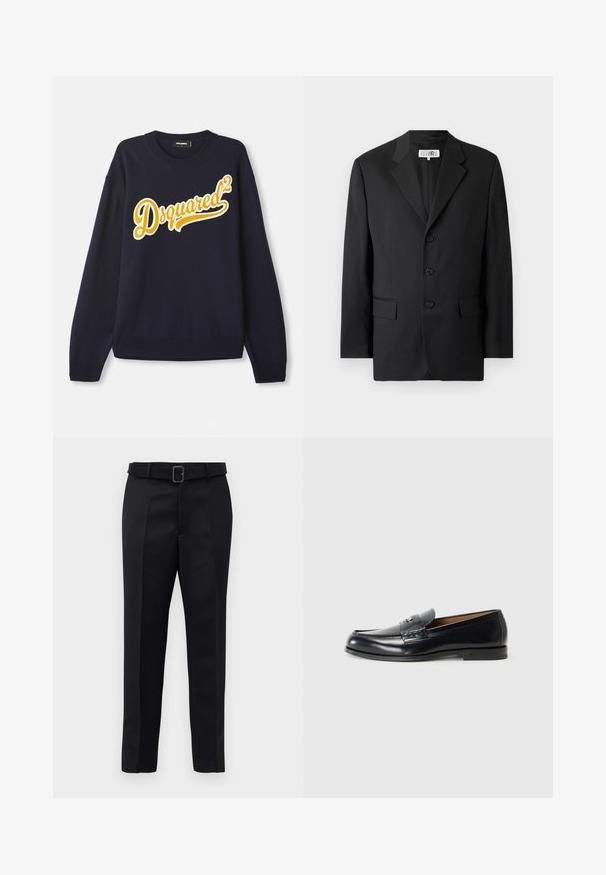 Zwarte blazer van een soepele stof, met een notched lapel, drie knopen aan de voorkant en twee zakken aan de voorkant. Klassiek op maat gemaakt ontwerp.; Marineblauwe trui van zachte stof, met een groot geel geborduurd "Dsquared²" logo op de voorkant, ribbelkraag, boorden en zoom.; Zwarte op maat gemaakte broek van gladde stof met een rechte snit en een ceintuur met een rechthoekige gesp. Opvallende voorvouwen accentueren het ontwerp.; Zwarte leren loafers met een gladde afwerking, rond de teen, decoratieve stiksels en een kleine metalen accent op de voorkant.