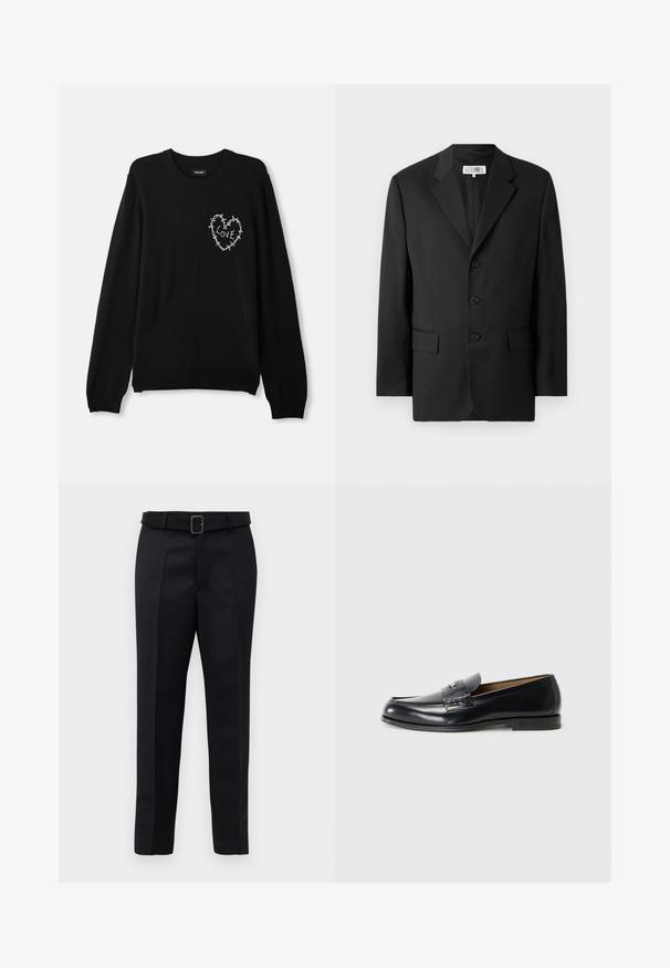 Čierny blazer vyrobený z hladkej tkaniny, s klopovým golierom, tromi prednými gombíkmi a dvoma prednými vreckami. Klasický strih.; Čierny sveter s okrúhlym výstrihom, dlhými rukávmi a bielym vyšívaným srdcom doplneným o ostnatý drôt a slovom "LÁSKA".; Čierne nohavice na mieru majú hladkú tkaninu, rovný strih a opasok s obdĺžnikovou sponou. Výrazné predné skladky zvýrazňujú dizajn.; Čierne kožené mokasíny s hladkým povrchom, okrúhlou špičkou, dekoratívnym prešívaním a malým kovovým akcentom na prednej strane.