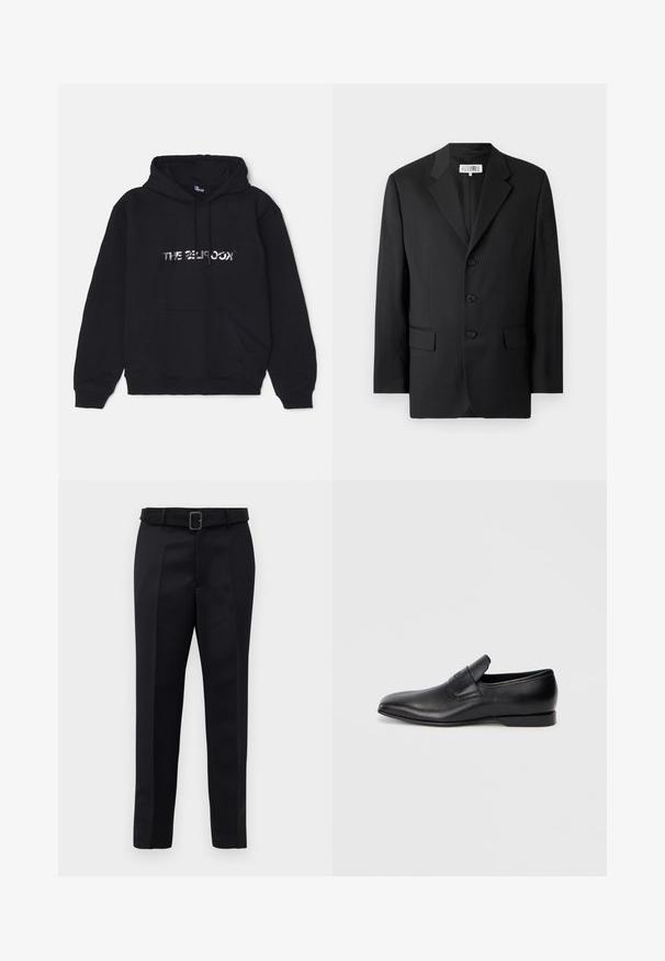 Black blazer made from smooth fabric, featuring a notched lapel, three front buttons, and two front pockets. Classic tailored design.; Black hoodie made of soft, thick fabric. Features a front pocket, drawstring hood, and metallic-text logo at the center.; Black tailored trousers feature a smooth fabric, straight cut, and a belted waist with a rectangular buckle. Notable front creases enhance the design.; Black leather slip-on shoe with a pointed toe, smooth texture, and subtle branding on the side. Low heel with a clean, minimal design.