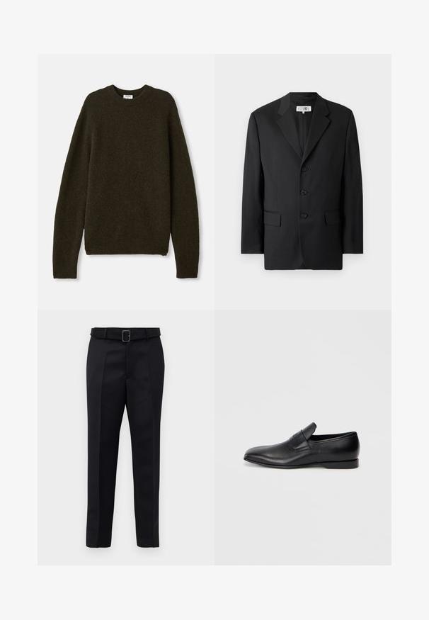 Black blazer made from smooth fabric, featuring a notched lapel, three front buttons, and two front pockets. Classic tailored design.; Dark green knit sweater with a crew neck, long sleeves, and ribbed hems. Made from soft, textured wool blend fabric.; Black tailored trousers feature a smooth fabric, straight cut, and a belted waist with a rectangular buckle. Notable front creases enhance the design.; Black leather slip-on shoe with a pointed toe, smooth texture, and subtle branding on the side. Low heel with a clean, minimal design.