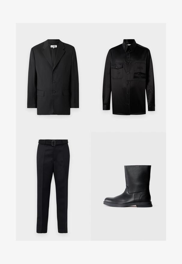 Černé sako vyrobené z hladkého materiálu, s klopovým límcem, třemi předními knoflíky a dvěma předními kapsami. Klasický střih.; Černá košile s dlouhým rukávem vyrobená z hladké látky. Obsahuje špičatý límeček, přední zapínání na knoflíky a dvě náprsní kapsy s klopou.; Černé oblekové kalhoty mají hladkou tkaninu, rovný střih a pas s opaskem a obdélníkovou sponou. Výrazné přední záhyby zvýrazňují design.; Černá kožená kotníková bota s texturovaným povrchem, zaoblenou špičkou a nízkou gumovou podrážkou. Jednoduchý design bez viditelného kovu nebo ozdob.