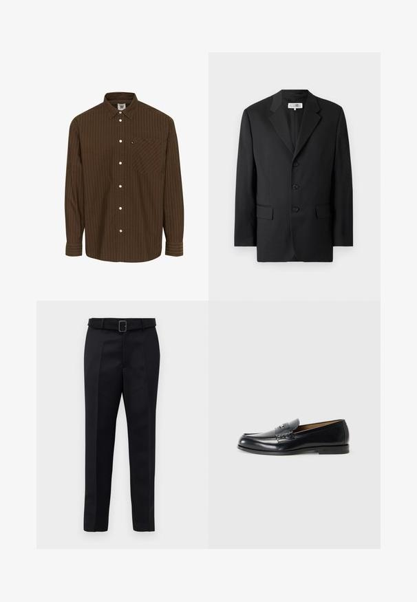 Mustas särk, mis on valmistatud siledast kangast, millel on sakiline krae, kolm esitukke ning kaks esikotti. Klassikaline saanud disain.; Pruuniribaeline nööpidega särk, millel on krae, pikad varrukad ja rinnaehe; sisaldab valgeid nuppe ja tekstureeritud kangast.; Mustad mustad püksid on valmistatud siledast kangast, sirgelt lõigatud ja beldiga vöökoht, millel on ristkülikukujuline pandla. Märkimisväärsed esisellukid täiustavad disaini.; Mustad nahast loafers musta värviga, siledat pinna, ümmarguse toe, dekoratiivse tikandi ja väikese metallaktsendiga esiosas.