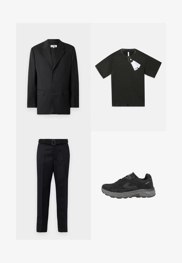 Schwarzer Blazer aus glattem Stoff, mit Reverskragen, drei vorderen Knöpfen und zwei vorderen Taschen. Klassisches, maßgeschneidertes Design.; Schwarzes, kurzärmliges Baumwoll-T-Shirt mit Rundhalsausschnitt und daran befestigten weißen Produktetiketten, die vom Kragen auf einem schlichten weißen Hintergrund hängen.; Schwarze maßgeschneiderte Hosen aus glattem Stoff, mit geradem Schnitt und einem Bund mit rechteckiger Schnalle. Auffällige Frontfalten betonen das Design.; Schwarzer Sportschuh mit Obermaterial aus Wildleder und Netzgewebe, grauer Gummisohle, runder Zehenpartie, Schnürdesign und kontrastierenden Ziernähte.