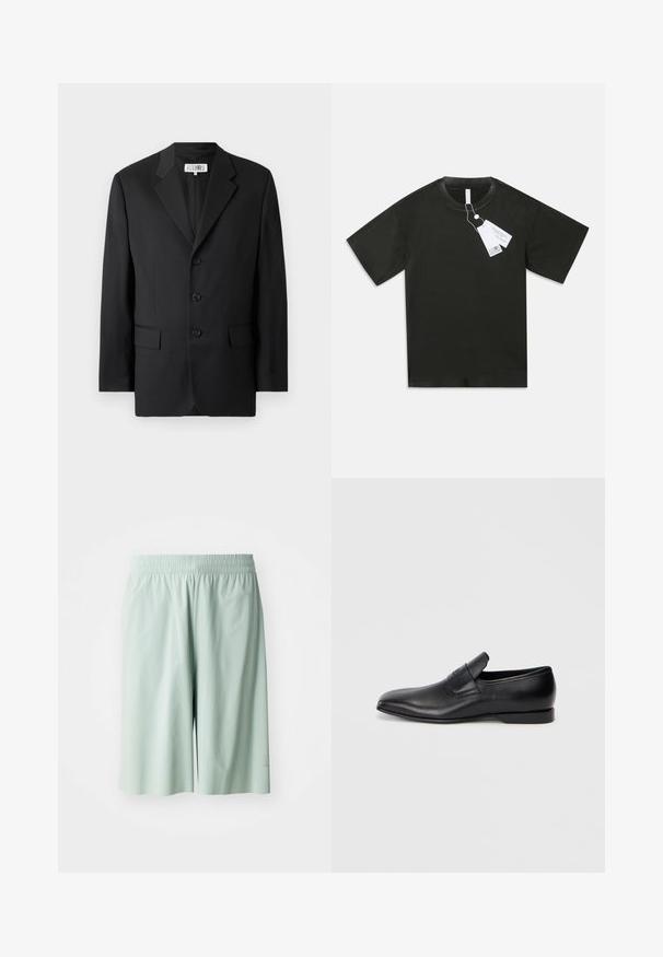 Mustas särk, mis on valmistatud siledast kangast, millel on sakiline krae, kolm esitukke ning kaks esikotti. Klassikaline saanud disain.; Must värvi lühikeste varrukatega puuvillane T-särk ümmarguse kaelakaelusega, millelt ripub valge tootetagi, tavalise valge tausta peal.; Heledad hallikas spordipüksid elastse vöökohtaga, sile tekstuur, põlve pikkus, millel on peen logo detail alumisel küljel.; Must musta libisemisega king, millel on terav varvas, sile tekstuur ja tagasihoidlik bränding küljel. Madal konts puhta ja minimalistliku disainiga.