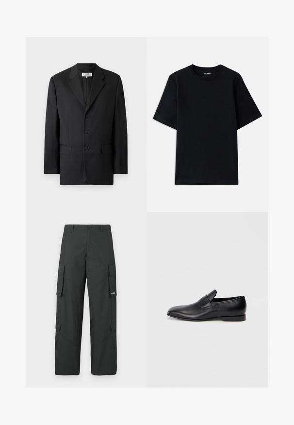 Čierny blazer vyrobený z hladkej tkaniny, s klopovým golierom, tromi prednými gombíkmi a dvoma prednými vreckami. Klasický strih.; Čierne bavlnené tričko s okrúhlym výstrihom a krátkymi rukávmi. Má jemné výšivku loga na ľavej hrudi. Hladká, jemná textúra.; Čierne rovné nohavice cargo so bočnými vreckami s chlopňou, zapínaním na gombík, pútkami na opasok a malým bielym logom na chlopni pravého vrecka.; Čierne kožené poltopánky bez šnúrok s ostrou špičkou, hladkou textúrou a diskrétnym logom na boku. Nízky podpätok s čistým, minimalistickým dizajnom.