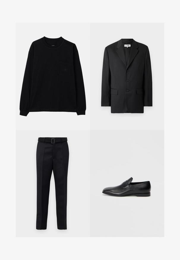 Fekete blézer sima anyagból, kivágott gallérral, három elülső gombbal és két elülső zsebből áll. Klasszikus szabású dizájn.; Fekete, hosszú ujjú pamut póló, kerek kivágással, bal oldalon mellzsebekkel és rugalmas mandzsettákkal. Minimalista dizájn, minták nélkül.; A fekete, szabott nadrág sima anyagból készült, egyenes szabású, és övvel rendelkezik, amelynek téglalap alakú csatja van. A figyelemre méltó elülső redők fokozzák a dizájnt.; Fekete bőr, slip-on stílusú cipő, hegyes orral, sima textúrával és diszkrét logóval az oldalon. Alacsony sarokkal és letisztult, minimalista dizájnnal.