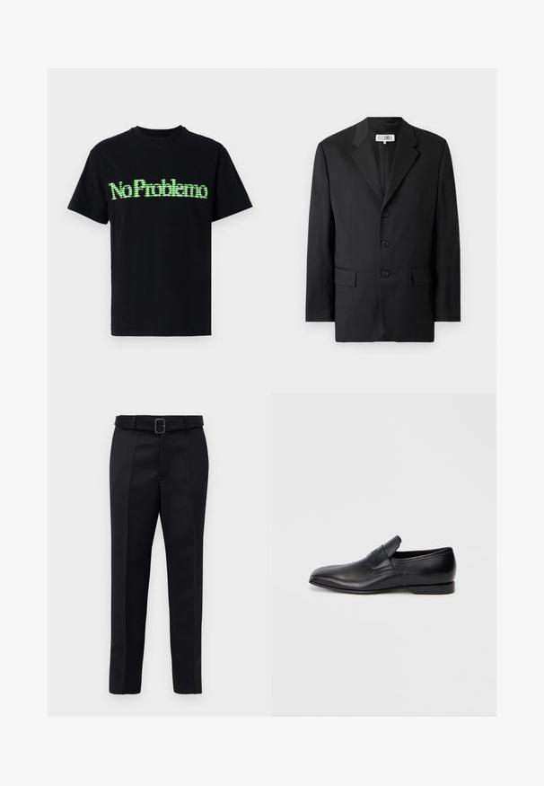 Sort blazer lavet af glat stof, med en slagkrave, tre frontknapper og to frontlommer. Klassisk skræddersyet design.; Sort bomulds T-shirt med et grønt pixeliseret grafisk tekst "No Problemo" på fronten. Korte ærmer og en rund halsudskæring.; Sorte skræddersyede bukser har et glat stof, lige snit og en bæltestrop med en rektangulær spænde. Bemærkelsesværdige forreste folder fremhæver designet.; Sorte læder slip-on sko med spids tå, glat overflade og diskret branding på siden. Lav hæl med et rent, minimalistisk design.