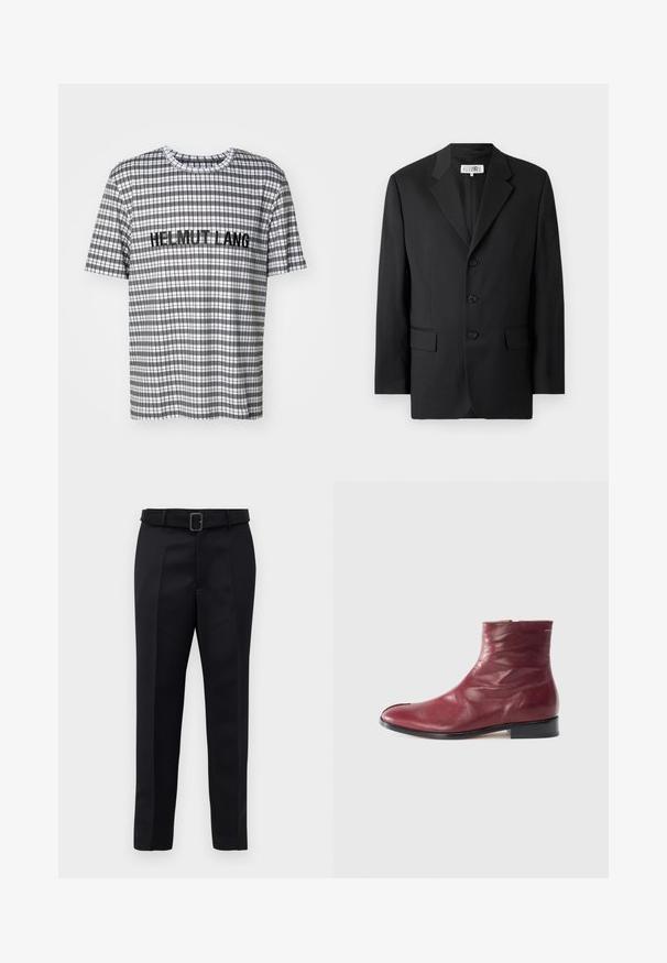 Zwarte blazer van een soepele stof, met een notched lapel, drie knopen aan de voorkant en twee zakken aan de voorkant. Klassiek op maat gemaakt ontwerp.; Kortemouwig plaid t-shirt in zwart, wit en grijs, met "HELMUT LANG" in zwart geborduurd over de borst.; Zwarte op maat gemaakte broek van gladde stof met een rechte snit en een ceintuur met een rechthoekige gesp. Opvallende voorvouwen accentueren het ontwerp.; Bordeaux leren enkellaars met een gladde textuur, zijrits, ronde neus en lage zwarte hak, met subtiele plooien en minimale stiksels.