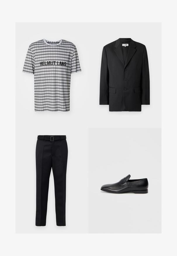 Sort blazer lavet af glat stof, med en slagkrave, tre frontknapper og to frontlommer. Klassisk skræddersyet design.; Kortærmet ternet t-shirt i sort, hvid og grå, med "HELMUT LANG" broderet i sort tværs over brystet.; Sorte skræddersyede bukser har et glat stof, lige snit og en bæltestrop med en rektangulær spænde. Bemærkelsesværdige forreste folder fremhæver designet.; Sorte læder slip-on sko med spids tå, glat overflade og diskret branding på siden. Lav hæl med et rent, minimalistisk design.