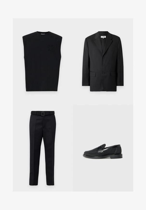 Mustas särk, mis on valmistatud siledast kangast, millel on sakiline krae, kolm esitukke ning kaks esikotti. Klassikaline saanud disain.; Must tašok, millel on nööbivaba kaelus, on valmistatud puuvillast. Sellel on tekstuuriga logo vasakul ees ja sile pind.; Mustad mustad püksid on valmistatud siledast kangast, sirgelt lõigatud ja beldiga vöökoht, millel on ristkülikukujuline pandla. Märkimisväärsed esisellukid täiustavad disaini.; Must musta kootud slip-on king, millel on pehme nahast accent ülaserval, ümmargune varvas ja madal profiiliga kummitald.