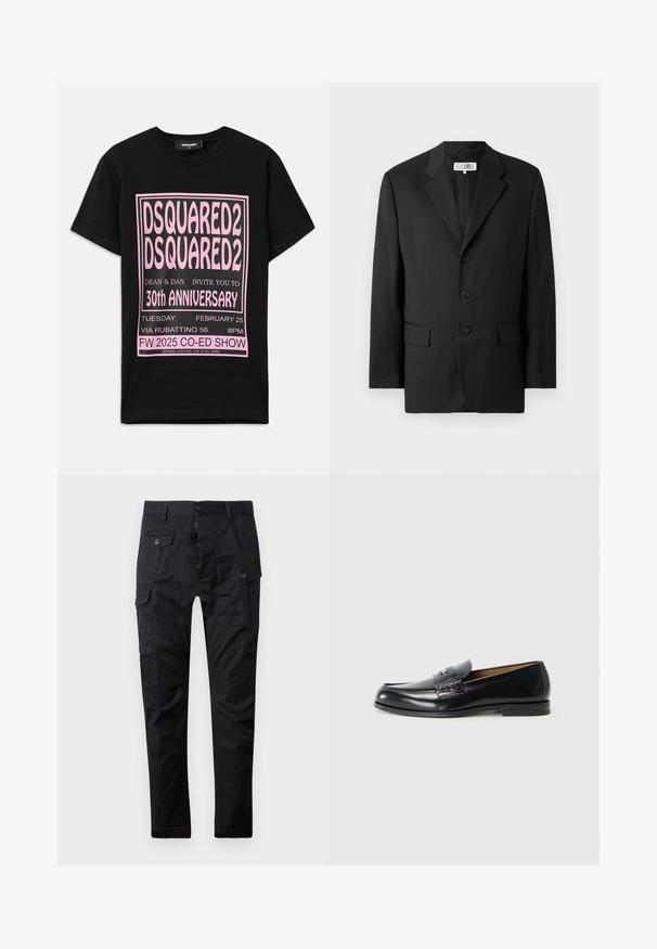 Schwarzer Blazer aus glattem Stoff, mit Reverskragen, drei vorderen Knöpfen und zwei vorderen Taschen. Klassisches, maßgeschneidertes Design.; Schwarzes Baumwoll-T-Shirt mit großem pinkfarbenem Grafiktext. Das Design enthält Veranstaltungsdetails in unterschiedlichen Schriftgrößen und zusätzliche Informationen am unteren Rand.; Schwarze Cargohosen aus strapazierfähigem Stoff, ausgestattet mit mehreren Taschen, einem Knopfverschluss und einem geraden Bein-Design. Glatte Textur und matte Oberfläche.; Schwarze Ledermokassins mit glatter Oberfläche, runder Zehenform, dekorativer Naht und einem kleinen Metallelement an der Vorderseite.