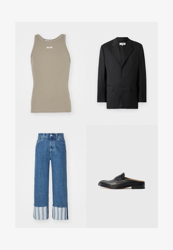 Schwarzer Blazer aus glattem Stoff, mit Reverskragen, drei vorderen Knöpfen und zwei vorderen Taschen. Klassisches, maßgeschneidertes Design.; Khakifarbenes Racerback-Tanktop aus dehnbarem Baumwollmaterial mit gerippter Textur; mit einem weißen "MSGM"-Logo im Brustbereich.; Weite Denim-Jeans in Mittelblau, mit einem Saum in Blau- und Weißstreifen. Klassisches Fünf-Taschen-Design mit Knopfverschluss.; Schwarzer Leder-Schlüpfschuh mit runder Spitze, niedrigem Blockabsatz und einem vorderen Riemen. Glatte Textur mit dezentem Logo-Detail am Riemen.