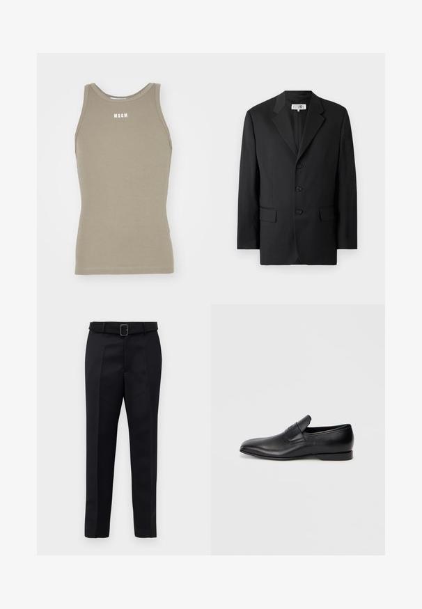 Sort blazer lavet af glat stof, med en slagkrave, tre frontknapper og to frontlommer. Klassisk skræddersyet design.; Khaki racerback tanktop lavet af strækbart bomuldsstof med ribstrikket tekstur; har et hvidt "MSGM" logo på brystområdet.; Sorte skræddersyede bukser har et glat stof, lige snit og en bæltestrop med en rektangulær spænde. Bemærkelsesværdige forreste folder fremhæver designet.; Sorte læder slip-on sko med spids tå, glat overflade og diskret branding på siden. Lav hæl med et rent, minimalistisk design.