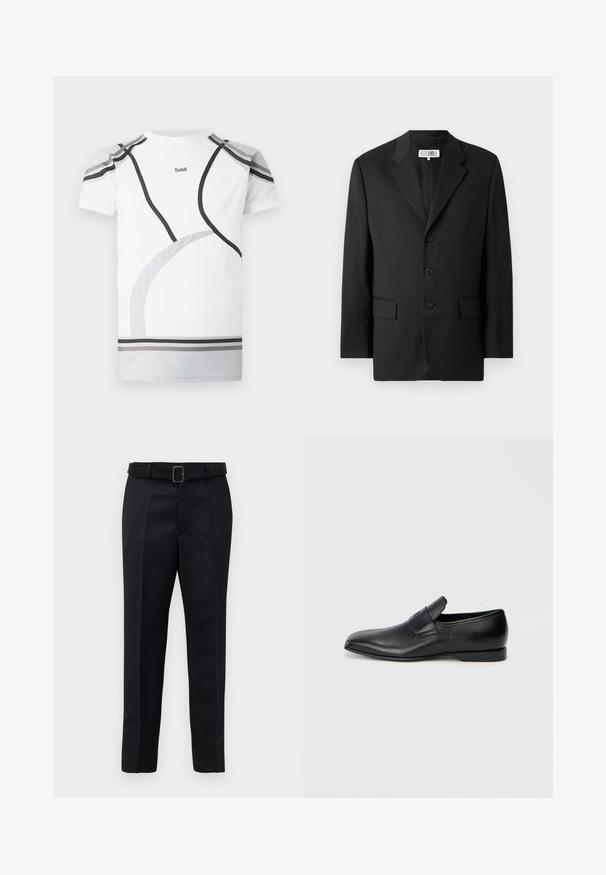 Black blazer made from smooth fabric, featuring a notched lapel, three front buttons, and two front pockets. Classic tailored design.; White sport t-shirt with gray and black curved accents, mesh shoulder panels, and a logo at the back. Designed for a fitted look and comfort.; Black tailored trousers feature a smooth fabric, straight cut, and a belted waist with a rectangular buckle. Notable front creases enhance the design.; Black leather slip-on shoe with a pointed toe, smooth texture, and subtle branding on the side. Low heel with a clean, minimal design.