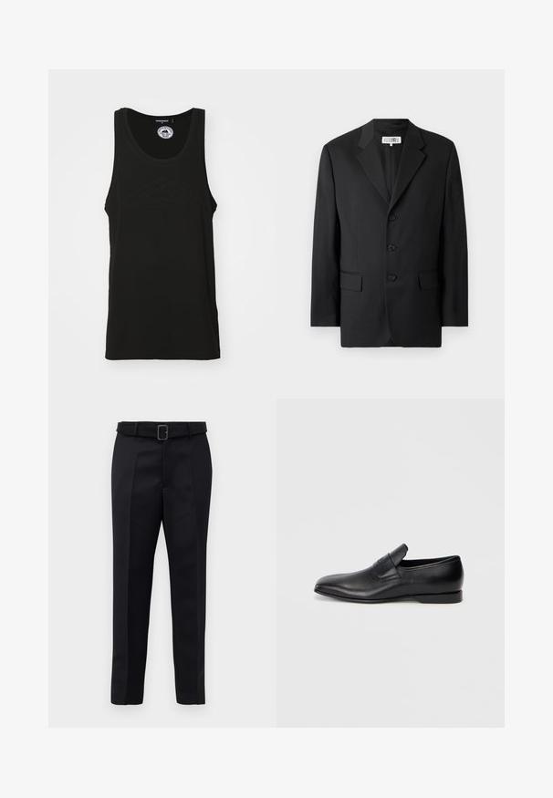 Černé sako vyrobené z hladkého materiálu, s klopovým límcem, třemi předními knoflíky a dvěma předními kapsami. Klasický střih.; Černá tílko bez rukávů vyrobené z bavlny s kulatým výstřihem a reliéfním logem na přední straně. Čistý, minimalistický design.; Černé oblekové kalhoty mají hladkou tkaninu, rovný střih a pas s opaskem a obdélníkovou sponou. Výrazné přední záhyby zvýrazňují design.; Černá kožená slip-on obuv s špičatou špičkou, hladkou texturou a jemným logem na boku. Nízký podpatek s čistým, minimalistickým designem.