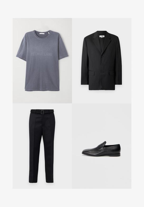 Black blazer made from smooth fabric, featuring a notched lapel, three front buttons, and two front pockets. Classic tailored design.; Grey cotton T-shirt with short sleeves, round neckline, featuring embossed "HELMUT LANG" logo across the front. Soft texture, casual fit.; Black tailored trousers feature a smooth fabric, straight cut, and a belted waist with a rectangular buckle. Notable front creases enhance the design.; Black leather slip-on shoe with a pointed toe, smooth texture, and subtle branding on the side. Low heel with a clean, minimal design.