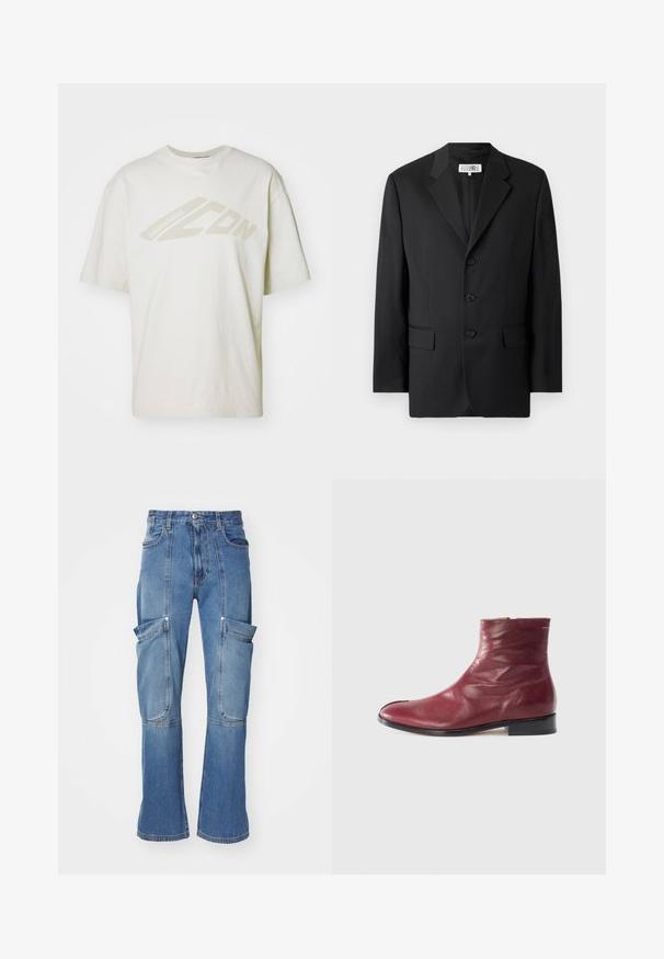 Zwarte blazer van een soepele stof, met een notched lapel, drie knopen aan de voorkant en twee zakken aan de voorkant. Klassiek op maat gemaakt ontwerp.; DSQUARED2 ICON LOOSE FIT TEE - T-shirt print - offwhite; Lichte blauwe denim cargobroek met een hoge taille, meerdere zijzakken en wijde pijpen, met contrasterende stiksels en een ritssluiting.; Bordeaux leren enkellaars met een gladde textuur, zijrits, ronde neus en lage zwarte hak, met subtiele plooien en minimale stiksels.