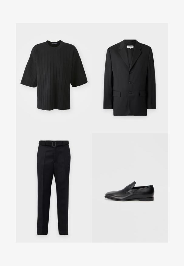 Schwarzer Blazer aus glattem Stoff, mit Reverskragen, drei vorderen Knöpfen und zwei vorderen Taschen. Klassisches, maßgeschneidertes Design.; Schwarzes Kurzarmoberteil mit einer lockeren Passform, vertikaler Rippstruktur und Rundhalsausschnitt, gefertigt aus einem weichen, dehnbaren Stoff.; Schwarze maßgeschneiderte Hosen aus glattem Stoff, mit geradem Schnitt und einem Bund mit rechteckiger Schnalle. Auffällige Frontfalten betonen das Design.; Schwarzer Leder-Slipper mit spitzer Zehe, glatter Textur und dezentem Branding an der Seite. Niedriger Absatz mit einem klaren, minimalistischen Design.