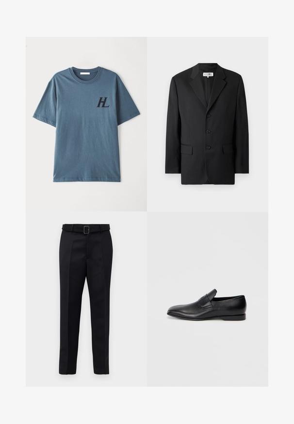 Black blazer made from smooth fabric, featuring a notched lapel, three front buttons, and two front pockets. Classic tailored design.; Short-sleeve blue cotton T-shirt featuring a dark "HL" logo on the chest. The fabric has a smooth texture and a round neckline.; Black tailored trousers feature a smooth fabric, straight cut, and a belted waist with a rectangular buckle. Notable front creases enhance the design.; Black leather slip-on shoe with a pointed toe, smooth texture, and subtle branding on the side. Low heel with a clean, minimal design.