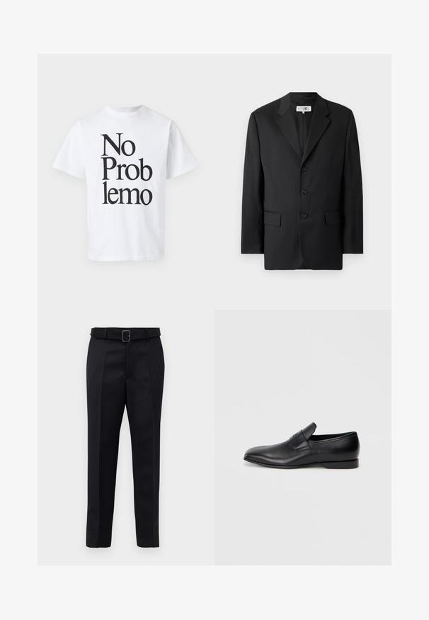 Čierny blazer vyrobený z hladkej tkaniny, s klopovým golierom, tromi prednými gombíkmi a dvoma prednými vreckami. Klasický strih.; Biely bavlnený tričko s čiernym textom "No Problemo" v rôznych veľkostiach písma. Klasický strih s okrúhlym výstrihom a krátkymi rukávmi.; Čierne nohavice na mieru majú hladkú tkaninu, rovný strih a opasok s obdĺžnikovou sponou. Výrazné predné skladky zvýrazňujú dizajn.; Čierne kožené poltopánky bez šnúrok s ostrou špičkou, hladkou textúrou a diskrétnym logom na boku. Nízky podpätok s čistým, minimalistickým dizajnom.