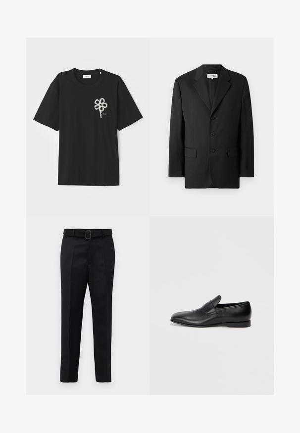 Black blazer made from smooth fabric, featuring a notched lapel, three front buttons, and two front pockets. Classic tailored design.; Black cotton t-shirt with a round neckline and short sleeves, featuring a white embroidered flower design on the left chest area.; Black tailored trousers feature a smooth fabric, straight cut, and a belted waist with a rectangular buckle. Notable front creases enhance the design.; Black leather slip-on shoe with a pointed toe, smooth texture, and subtle branding on the side. Low heel with a clean, minimal design.
