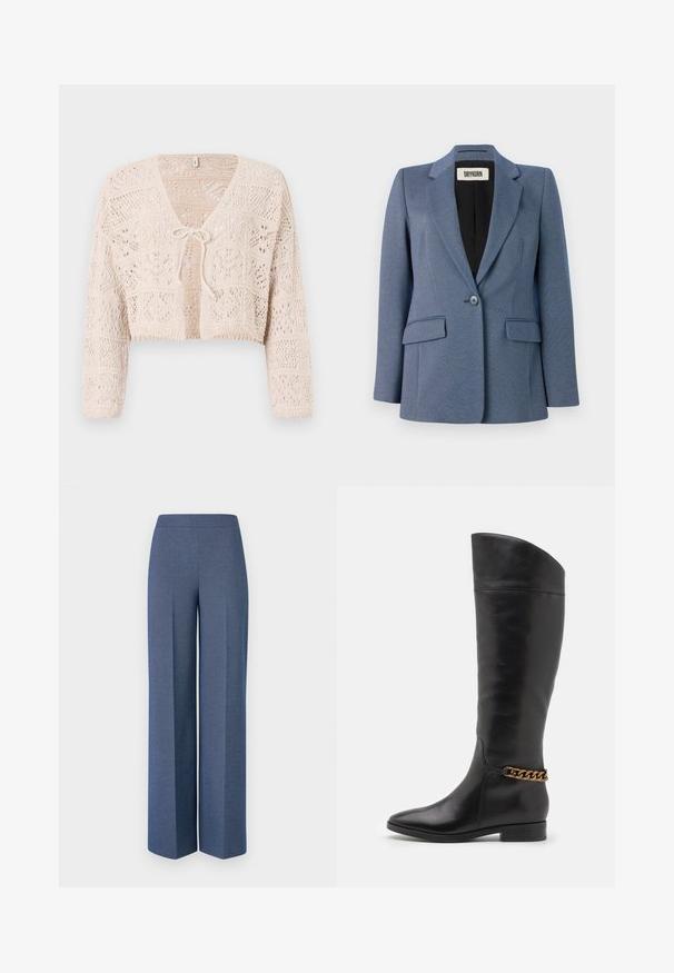 Blue tailored blazer with a textured fabric, single button closure, two front pockets, and a black lining. Notable lapel design.; Crocheted beige cardigan with open front, long sleeves, and a tie closure. Features geometric patterns and a cropped design.; White sleeveless tank top made of ribbed fabric, featuring a rounded neckline and a fitted silhouette, with minimal seams and no embellishments.; Wide-leg trousers in textured blue fabric with a smooth waistband and sharp creases down the front, showcasing a tailored design.; Tall black leather boots with a sleek design, pointed toe, and a gold chain accent at the ankle. Low block heel. Smooth texture.