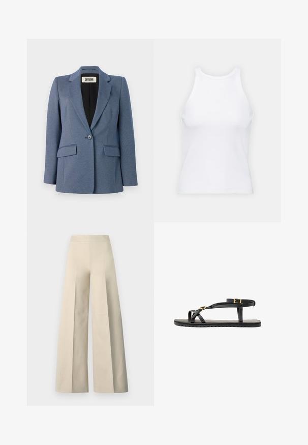 Blazer ajusté bleu avec un tissu texturé, fermeture à un bouton, deux poches avant et une doublure noire. Design de revers notable.; Débardeur blanc sans manches en tissu côtelé, doté d'un col rond et d'une silhouette ajustée, avec des coutures minimales et sans ornements.; Pantalon large beige avec une texture lisse, une taille haute et des plis profonds à l'avant. Présente une coupe large et fluide.; Sandales en cuir noir avec de fines lanières et une sangle autour de la cheville à boucle. Semelle plate avec une finition texturée et un bord en zigzag. Design minimaliste.