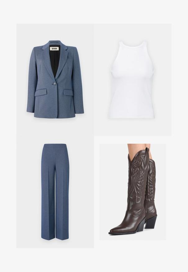 Blauwe op maat gemaakte blazer van een textuurstof, met een sluiting met één knoop, twee voorzakken en een zwarte voering. Opvallend ontwerp van de revers.; Witte mouwloze tanktop van ribstof, met een ronde halslijn en een aansluitende pasvorm, met minimale naden en zonder versieringen.; Wijde broek in textiel met een blauwe structuur, voorzien van een gladde tailleband en scherpe plooien aan de voorkant, die een getailleerd ontwerp benadrukken.; Bruine leren cowboylaarzen met een spitse neus en blokhak, voorzien van gedetailleerde stiksels en verhoogde accenten op de schacht.