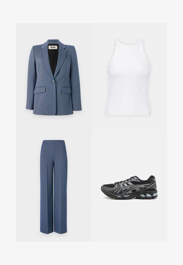 Blauwe op maat gemaakte blazer van een textuurstof, met een sluiting met één knoop, twee voorzakken en een zwarte voering. Opvallend ontwerp van de revers.; Witte mouwloze tanktop van ribstof, met een ronde halslijn en een aansluitende pasvorm, met minimale naden en zonder versieringen.; Wijde broek in textiel met een blauwe structuur, voorzien van een gladde tailleband en scherpe plooien aan de voorkant, die een getailleerd ontwerp benadrukken.; Zwarte sportschoen met een bovenwerk van mesh, zilveren accenten en een gevoerde zool. Beschikt over een vetersluiting en een gestructureerde loopzool voor grip.
