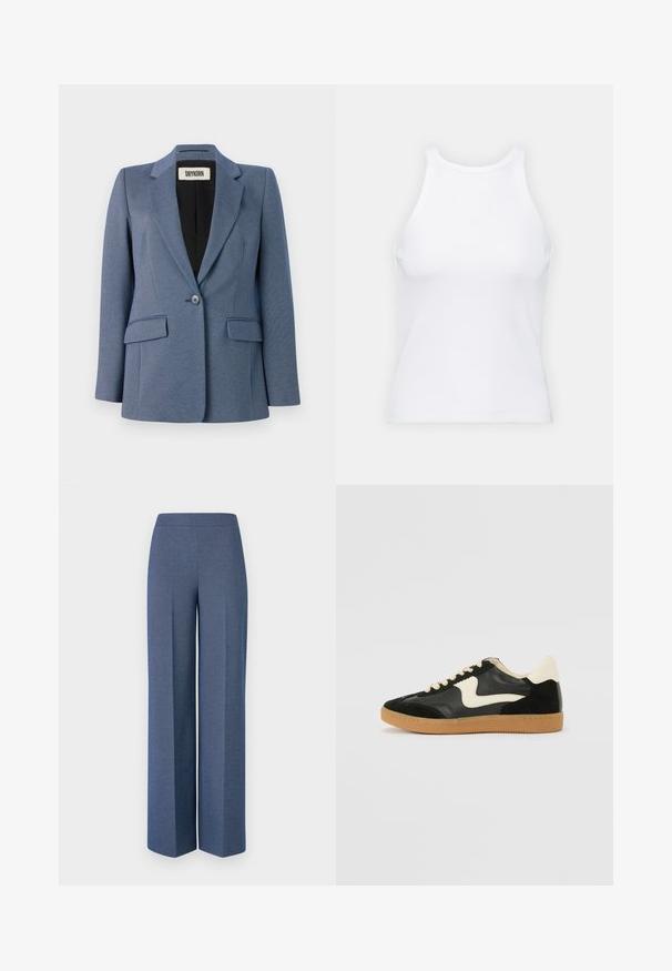 Blazer ajusté bleu avec un tissu texturé, fermeture à un bouton, deux poches avant et une doublure noire. Design de revers notable.; Débardeur blanc sans manches en tissu côtelé, doté d'un col rond et d'une silhouette ajustée, avec des coutures minimales et sans ornements.; Pantalons à larges jambes en tissu texturé bleu avec une taille lisse et des plis nets à l'avant, mettant en valeur un design ajusté.; Baskets en daim et cuir noir avec un swoosh latéral crème et un talon crème clair. Dotées de lacets beige et d'une semelle en caoutchouc gomme.