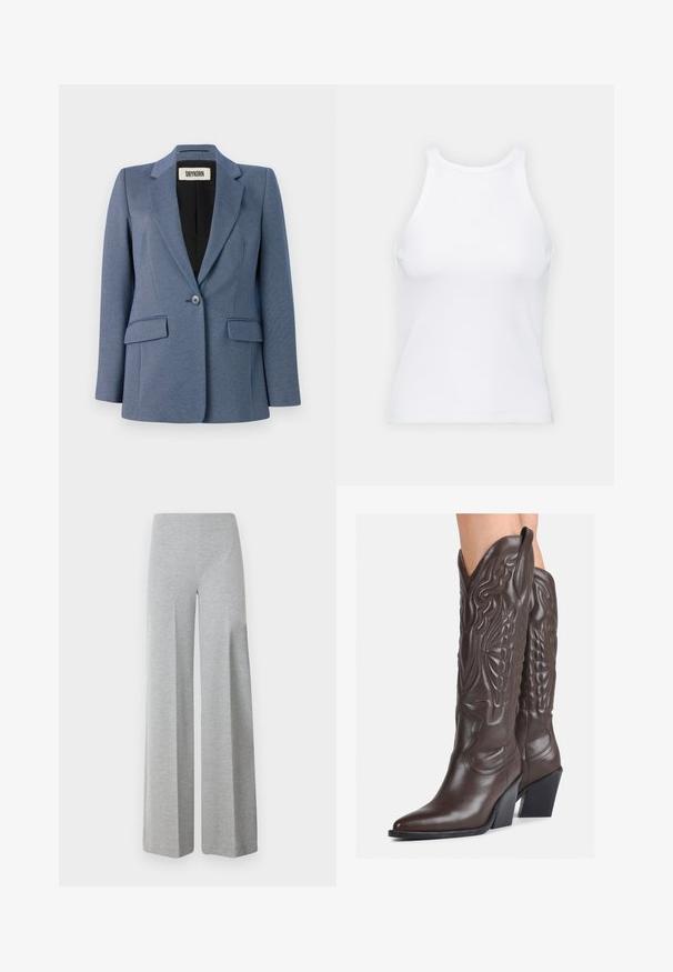 Sininen räätälöity bleiseri, jossa on teksturoitu kangas, yksittäinen napin sulku, kaksi etutaskua ja musta vuori. Huomionarvoinen kauluksen muotoilu.; Valkoinen hihaton toppi, joka on valmistettu ribbikankaasta, ja jossa on pyöreä pääntie ja tiukka siluetti, minimaalisin saumoin ja ilman koristeita.; Harmaat leveälahkeiset housut, jotka on valmistettu pehmeästä ja joustavasta kankaasta. Ominaisuuksiin kuuluu korkea vyötärö ja sileä, yksinkertainen muotoilu ilman ylimääräisiä yksityiskohtia.; Ruske nahkasaappaat, joissa on terävä kärki ja laatikkokorko, varustettu yksityiskohtaisella ompelulla ja kohotetuilla yksityiskohdilla varsiosassa.