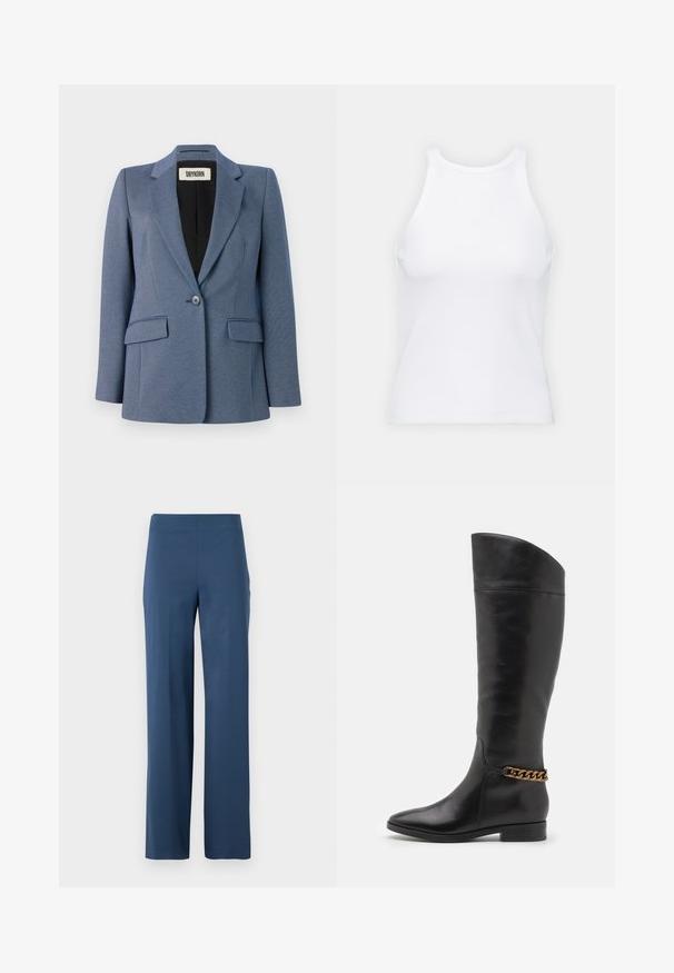 Sacou albastru croi cu o țesătură texturată, închidere cu un singur nasture, două buzunare în față și căptușeală neagră. Design notabil al reverului.; Top alb fără mâneci, confecționat din material ribbed, prezentând un decolteu rotund și o siluetă ajustată, cu cusături minime și fără ornamente.; Pantaloni largi, de culoare albastru închis, realizați dintr-un material moale și elastic. Au talie înaltă și un design curat, neîmpodobit, fără buzunare.; Cizme negre din piele înalte, cu un design elegant, vârf ascuțit și un accent de lanț auriu la gleznă. Toc mic în formă de bloc. Textură netedă.
