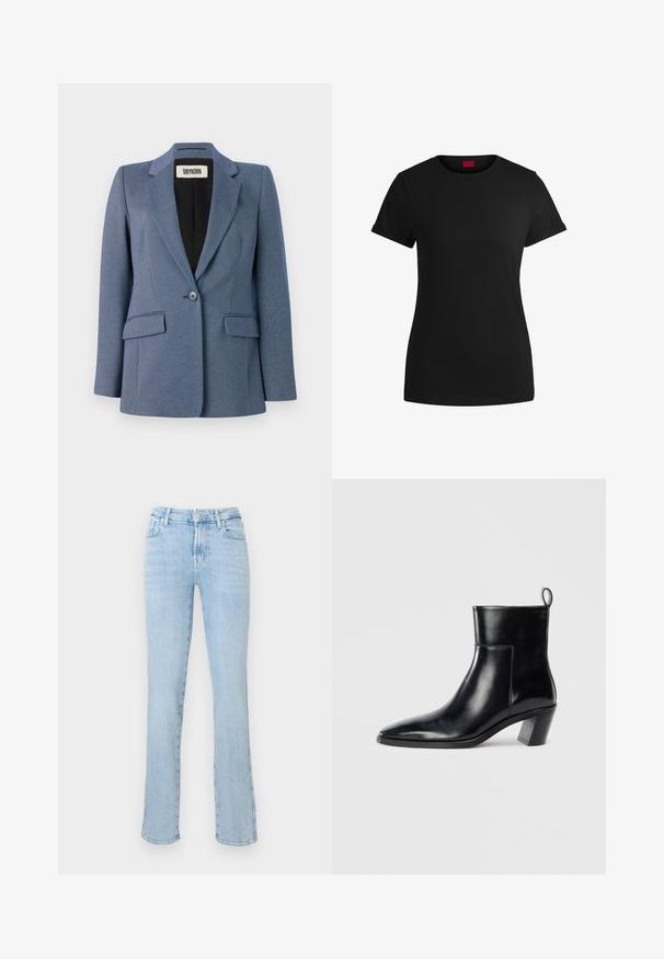 Niebieska marynarka o dopasowanym kroju z teksturowanej tkaniny, z pojedynczym zapięciem na guzik, dwiema przednimi kieszeniami i czarną podszewką. Zauważalny design klap.; Czarna bawełniana koszulka z krótkimi, podwiniętymi rękawami, okrągłym dekoltem i czerwoną metką. Gładka tekstura, dopasowany fason z minimalnymi detalami.; Jasnoniebieskie dżinsy o wysokim stanie, proste nogawki, z zamkiem błyskawicznym i guzikami z przodu, pięć kieszeni oraz delikatne przetarcia.; Czarne skórzane botki do kostki z wąskim noskiem, geometrycznie uformowanym, grubym obcasem oraz pętlą z tyłu. Gładka faktura i elegancki design.