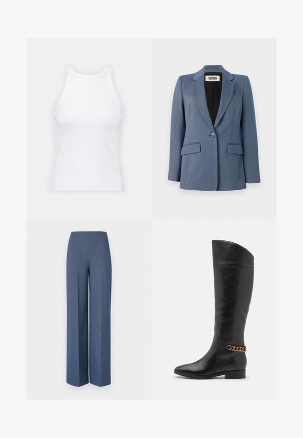 Blazer azul a medida con tejido texturizado, cierre de un botón, dos bolsillos frontales y forro negro. Diseño de solapa destacado.; Top de tirantes blanco sin mangas hecho de tela acanalada, con un escote redondeado y una silueta ajustada, con costuras mínimas y sin adornos.; Pantalones de pierna ancha en tela azul texturizada con una cintura suave y pliegues marcados en la parte delantera, que muestran un diseño a medida.; Botas altas de cuero negro con un diseño elegante, punta afilada y un acento de cadena dorada en el tobillo. Tacón bajo tipo bloque. Textura suave.