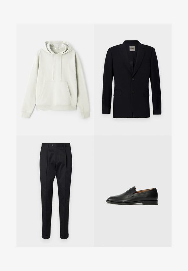 Jūrinis švarkas, pagamintas iš lygaus audinio, su įpjovimu atvartais, vienu mygtuku, dviem priekinėmis kišenėmis ir subtiliu pamušalu viduje.; Šviesiai pilkas kapučino tipo džemperis, pagamintas iš minkštos medžiagos, su kengūros tipo kišene, reguliuojama raištelių kapušine ir minimalia logotipu priekyje.; Juodos kelnės pagamintos iš lygaus audinio, su raukšle priekyje, mygtuko uždarymu ir suknežintomis rankovėmis ties kulkšnimi.; Juodas odinis loaferis su apvaliu nosiu, subtiliomis siuvimo detalėmis ir žemu kulnu, pasižymintis lygia tekstūra ir minimalistiniu dizainu.