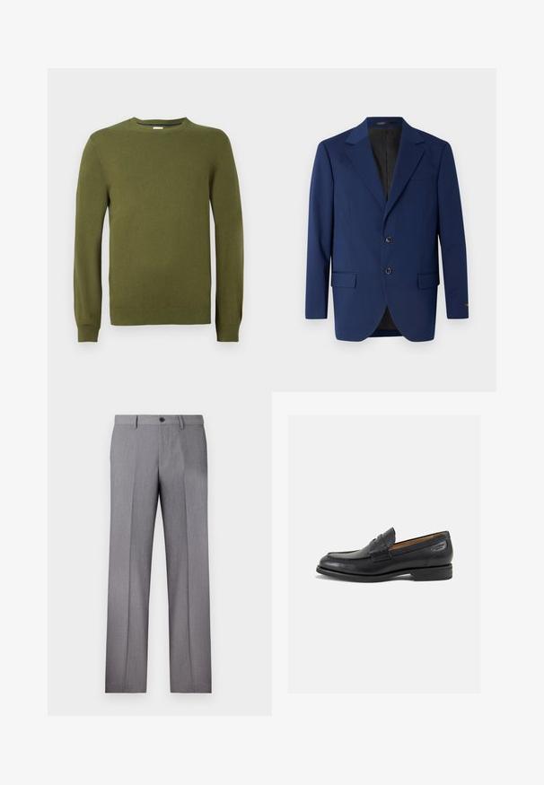 Tengerészkék blézer sima szövetből, kiemelkedő hajtókával, két gombbal és két elülső zsebbe, valamint egy mellzsebbe.; Olíva zöld kötött pulóver, kerek nyakkivágással, hosszú ujjakkal, bordázott mandzsettákkal és szegéllyel, sima textúrával, könnyű anyagból, lazán elegáns kialakítással.; Fehér, rövidujjú póló, laza szabással, kerek dekoltázzsal, sima pamut anyagból, díszítés nélküli hátrésszel, egyenes szegéllyel, minta és kiegészítők nélkül.; Szürke, szabott nadrág lapos elülső résszel, két oldalsó zsebbel és egy gombos zárral. Simább textúra finom csíkos mintával.; Fekete bőr loaferek sima felülettel, lekerekített orral és díszítő varrással a lábfejen. Alacsony, réteges sarkú és enyhe fényű.