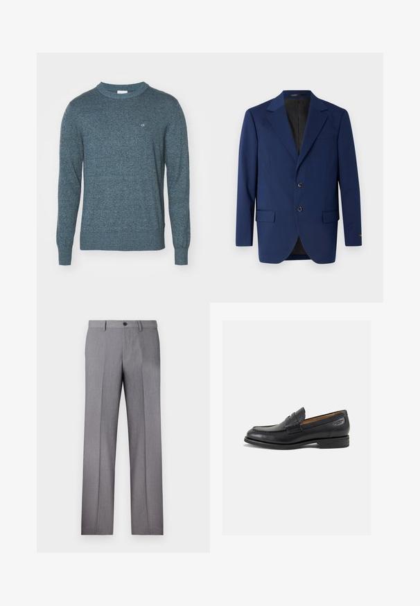 Μπλέιζερ ναυτικού μπλε χρώματος φτιαγμένο από λείο ύφασμα, με πέτο notch, δύο κουμπιά και δύο μπροστινές τσέπες με μια ενιαία τσέπη στο στήθος.; Μπλε πλεκτό πουλόβερ με στρογγυλή λαιμόκοψη, μακριά μανίκια, ριμπ μανσέτες και στρίφωμα, με διακριτό λογότυπο στο στήθος.; Λευκό κοντομάνικο μπλουζάκι, χαλαρή εφαρμογή, στρογγυλή λαιμόκοψη, απαλό βαμβακερό ύφασμα, χωρίς διακοσμητικά στην πλάτη, ίσια γραμμή στο κάτω μέρος, χωρίς σχέδια ή αξεσουάρ.; Γκρι προσαρμοσμένο παντελόνι με επίπεδο μπροστινό μέρος, δύο πλαϊνές τσέπες και κλείσιμο με ένα κουμπί. Λείος υφασμάτινος ιστός με διακριτό σχέδιο ρίγας.; Μαύρα δερμάτινα loafers με λείο φινίρισμα, στρογγυλή μύτη και διακοσμητική ραφή στη μπροστινή πλευρά. Χαμηλός σωρός και ελαφριά γυαλάδα.