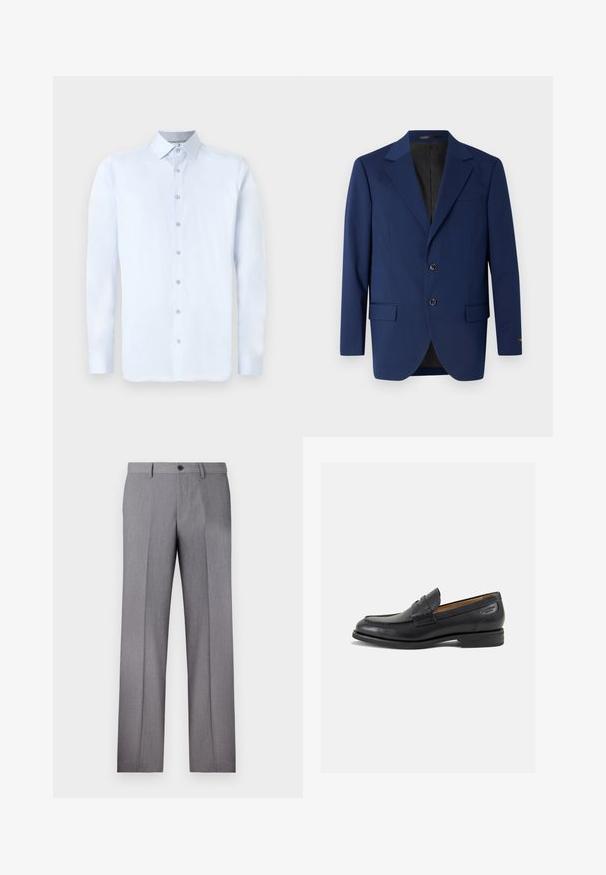 Granatowa marynarka wykonana z gładkiego materiału, z klapami w kształcie notcha, dwoma guzikami oraz dwoma przednimi kieszeniami i jedną kieszonką na piersi.; Jasnoniebieska koszula z długim rękawem, z wykładanym kołnierzykiem, z przodem zapinanym na guziki i gładką teksturą. Posiada srebrne akcenty guzikowe na listwie.; Biała, krótkiego rękawa koszulka, luźny krój, okrągły dekolt, gładki bawełniany materiał, nieozdobione plecy, prosta linia dołu, bez wzorów ani akcentów.; Szare dopasowane spodnie z płaskim przodem, dwoma bocznymi kieszeniami i pojedynczym zapięciem na guzik. Gładka faktura z delikatnym wzorem w prążek.; Czarne skórzane mokasyny o gładkim wykończeniu, zaokrąglonym nosku i dekoracyjnym przeszyciu na cholewce. Niski, warstwowy obcas i delikatny połysk.