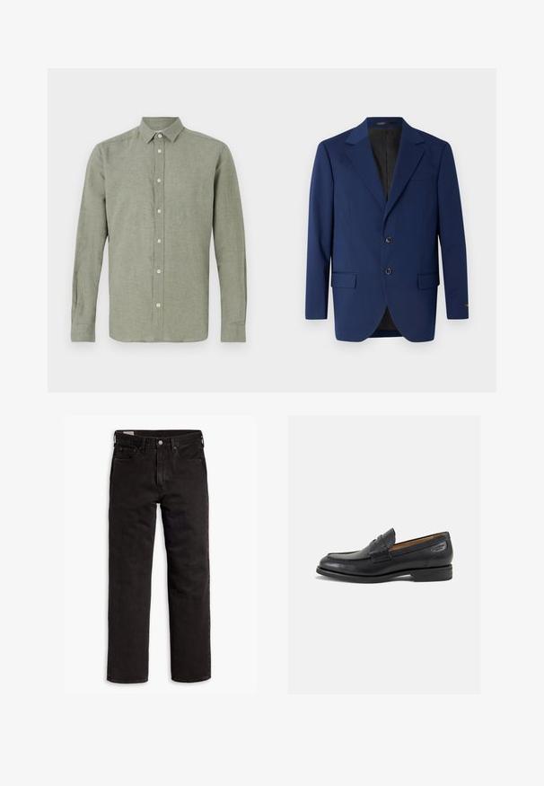 Blazer blu navy realizzato in tessuto liscio, con rever a punta, due bottoni e due tasche frontali accompagnate da una tasca sul petto.; Camicia a maniche lunghe con colletto di colore verde chiaro, realizzata in tessuto testurizzato, con chiusura completa a bottoni e orlo dritto.; T-shirt bianco a maniche corte, vestibilità ampia, collo rotondo, in morbido cotone, retro senza decorazioni, orlo dritto, senza fantasie o dettagli.; Jeans in denim neri a gamba dritta con cinque tasche, chiusura a bottone e passanti per cintura, adagiati su uno sfondo bianco.; Mocassini in pelle nera con finitura liscia, punta arrotondata e cuciture decorative sulla tomaia. Tacco basso impilato e leggero lucido.