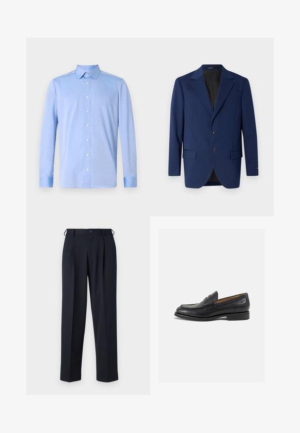 Tumed sinine bleiser, mis on valmistatud siledast kangast. Sellel on klappkaelus, kaks kinnitust ja kaks esist pocketit koos ühe rinnakotiga.; Heleda sinine nööpidega särk pika varrukaga, klassikalise kraega ja valgete nuppudega. Kanga pind näib sile, kuid selgelt nähtava tekstuuriga.; Valge lühikeste varrukatega T-särk, lõdva lõikega, ümar kaelus, sileda puuvillase kangaga, kaunistamata selg, sirge alläär, ilma mustrite või aktsентideta.; Tumedat sinised püksid, valminud siledast kangast, sirge lõikega, volditud esiosaga ja nupuga kinnitusega vööl.; Mustad mustad nahast loafers, sujuva viimistlusega, ümar sirge ja dekoratiivne tikand peal. Madal ja kergelt kuhjatud konts ning kerge läige.