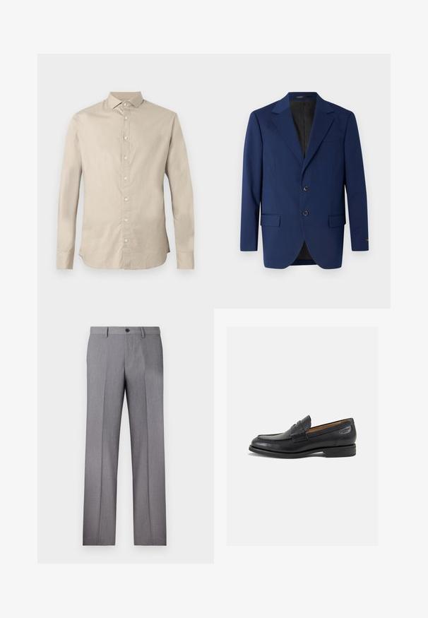 Temno modra suknjiča iz gladkega materiala, z označenim ovratnikom, dvema gumboma in dvema sprednjima žepoma ter enim žepom na prsih.; Bežjena srajca z dolgimi rokavi in gumbi, s koničastim ovratnikom, šestimi gumbi spredaj in prileganjem po meri.; Bela kratka majica s kratkimi rokavi, ohlapnega kroja, okroglega izreza, gladkega bombažnega materiala, brez okrasitev na hrbtni strani, ravna obroba, brez vzorcev ali naglasov.; Sive prirejene hlače z ravnim sprednjim delom, dvema stranskima žepoma in enojnim gumbom za zapiranje. Gladka tekstura z diskretno črtasto vzorcem.; Črne usnjene loafers cipele z gladko površino, zaobljenim nosom in dekorativnim šivom na vampu. Nizek zloženi peti in rahla sijaj.