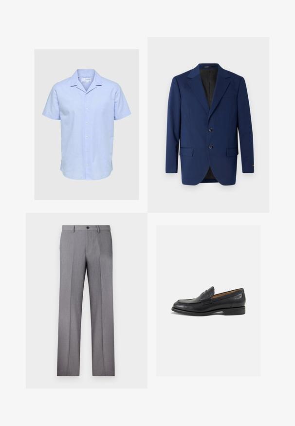 Tums zilas krūšutijas žakete, kas izgatavota no gludas auduma, ar izgriezuma atloku, divām pogām un divām priekšējām kabatām papildus vienai krūšu kabatai.; Gai zilu īsām piedurknēm pogājama krekla izgatavota no linin. Iespējas klasiskā apkakle, priekšējās pogas un brīva pieguluma ar gludu tekstūru.; Balta īsām piedurknēm T-krekls, brīvs piegriezums, apaļš kakla izgriezums, gluda kokvilnas auduma, vienkārša aizmugure, taisna apakšmala, bez rakstiem vai accentiem.; Pelēki pielāgoti bikses ar plakanu priekšpusi, diviem sānu kabatām un vienu pogu aizdari. Gluda tekstūra ar smalku svītrotu rakstu.; Melnas ādas loafers ar gludu apdari, noapaļotu purngalu un dekoratīvām šuvēm uz virsu. Zems, sakrauta papēža un neliels spīdums.