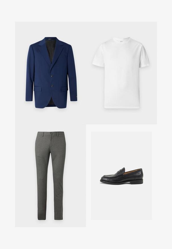 Blazer blu navy realizzato in tessuto liscio, con rever a punta, due bottoni e due tasche frontali accompagnate da una tasca sul petto.; T-shirt bianca a maniche corte realizzata in morbido cotone. Presenta un collo rotondo e un orlo dritto con dettagli minimi.; Pantaloni grigi su misura con una finitura texturizzata, design slim fit, tasche frontali e chiusura a bottone singolo in vita.; Mocassini in pelle nera con finitura liscia, punta arrotondata e cuciture decorative sulla tomaia. Tacco basso impilato e leggero lucido.