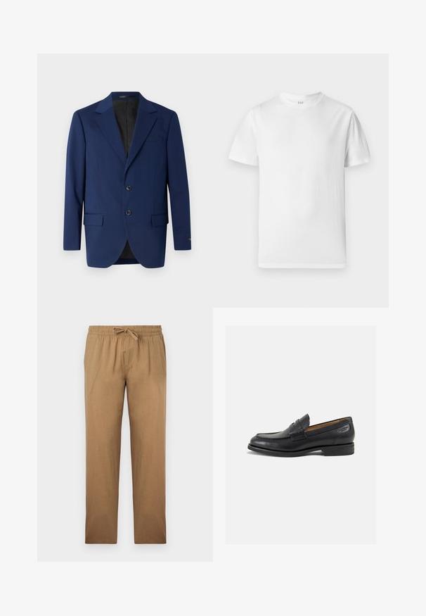 Tengerészkék blézer sima szövetből, kiemelkedő hajtókával, két gombbal és két elülső zsebbe, valamint egy mellzsebbe.; Fehér, rövid ujjú póló, puha pamutból készült. Kerek nyakkivágással és egyenes aljjal rendelkezik, minimális részletezéssel.; Világosbarna, laza szabású nadrág sima anyagból. Rugalmas derékrésszel és zsinórral ellátott, egyenes lábszárral rendelkezik.; Fekete bőr loaferek sima felülettel, lekerekített orral és díszítő varrással a lábfejen. Alacsony, réteges sarkú és enyhe fényű.